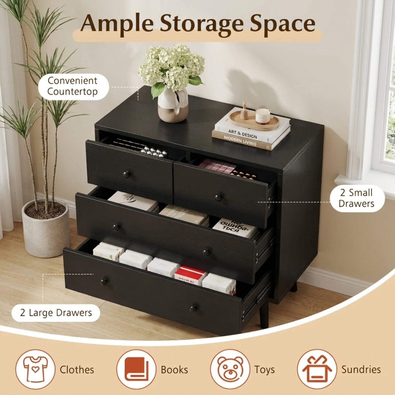 Furnibear Wide Wooden Dresser with 4 Drawers for Bedroom Living Room for Bedroom Closet Living Room Nursery Clothes Storage, Black
