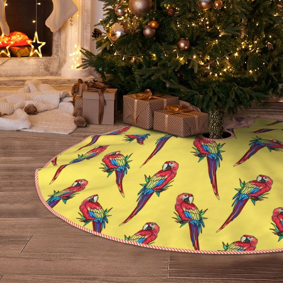 Halloween Christmas Tree Skirt - Painted colorful cute parrots 30 Inches Christmas Tree Skirt for Halloween Holiday Indoor Home Christmas Tree Decorations with Three Ribbons