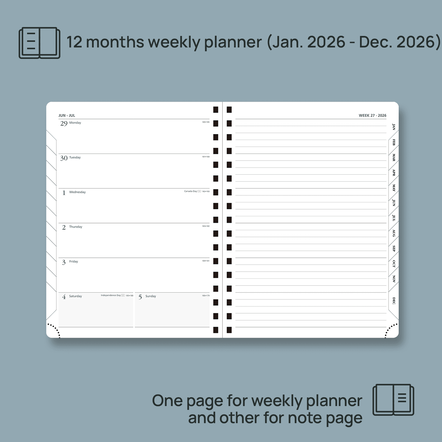 POPRUN 2026 Planner Weekly Notebook Calendar, Large Size 6.5" x 8.5", Agenda 2026 Appointment Book with Monthly Tabs, Spiral Soft Cover, Inner Pocket, 100 GSM - Petrol