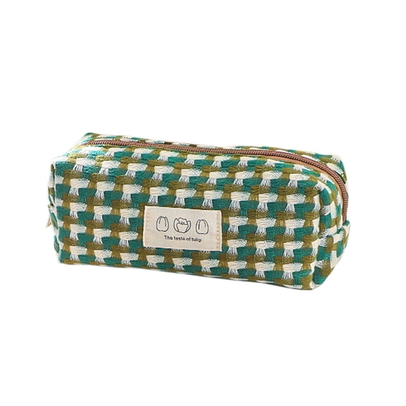 Yhmxh Knit Checkered Pen Case Cosmetic Makeup Bag, Stationery Pouch Small Pencil Pouch Students Zipper Bag, Holder Box Organizer for Pens, Pencils, Markers (Green)
