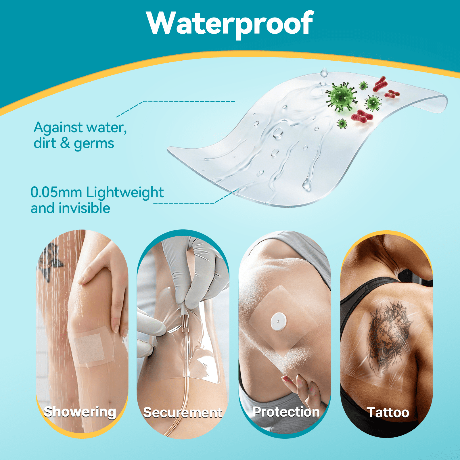 Dimora Transparent Film Dressing, 4"x 5" Waterproof Adhesive Bandages for Tattoo Aftercare & Shower, 50 Pack