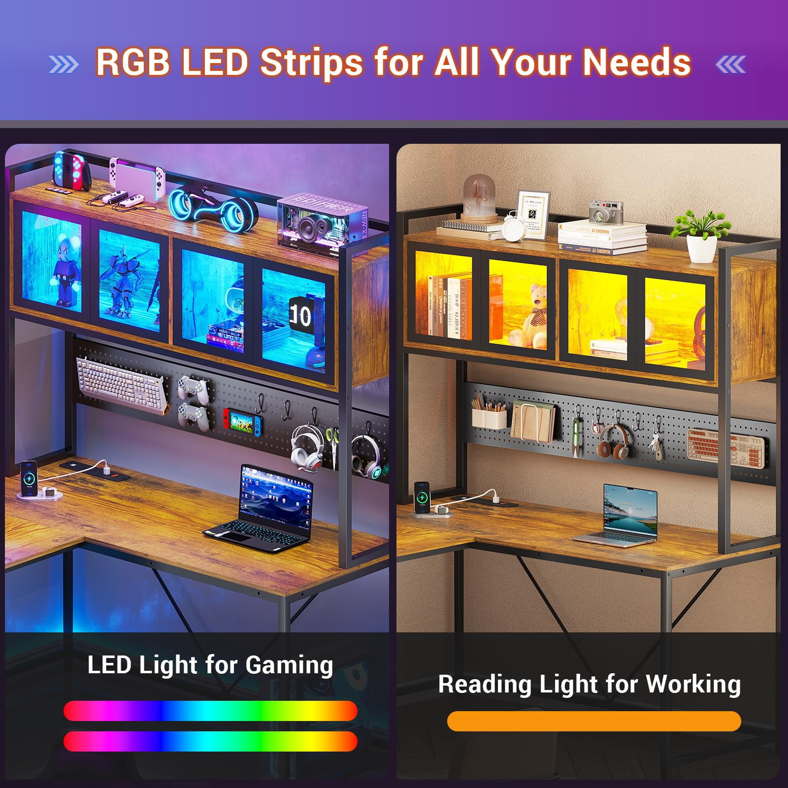 L Shaped Gaming Desk with Drawers, L Shaped Computer Desk with Hutch and Storage Shelves, Gaming Desk with Pegboard, Led Lights, and Power Outlet, Home Office Desk, Corner Desk, Rustic Brown