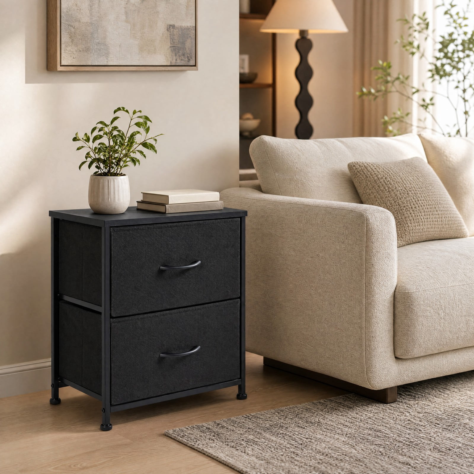 Telyra Fabric Nightstand with 2 Drawers 20" Bedside Table with Wood Top and Steel Frame Small Storage Organizer, Black
