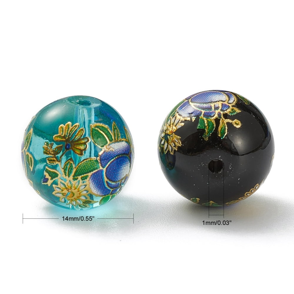 30pcs Flower Painted Handmade Lampwork Round Beads Colorful 14x13mm Hole: 1mm