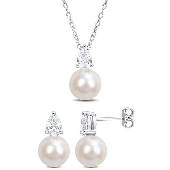 Everly Women's Cultured Pearl and Created Sapphire Sterling Silver Jewelry Set