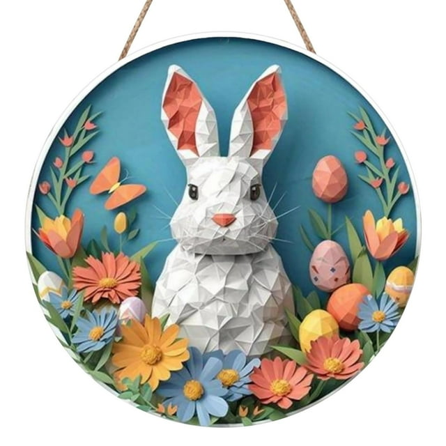 Placa colgante festiva, cartel de bienvenida, decoración de Pascua con diseño de conejo, adorno de madera, colgador para la pared, 30 cm de diámetro