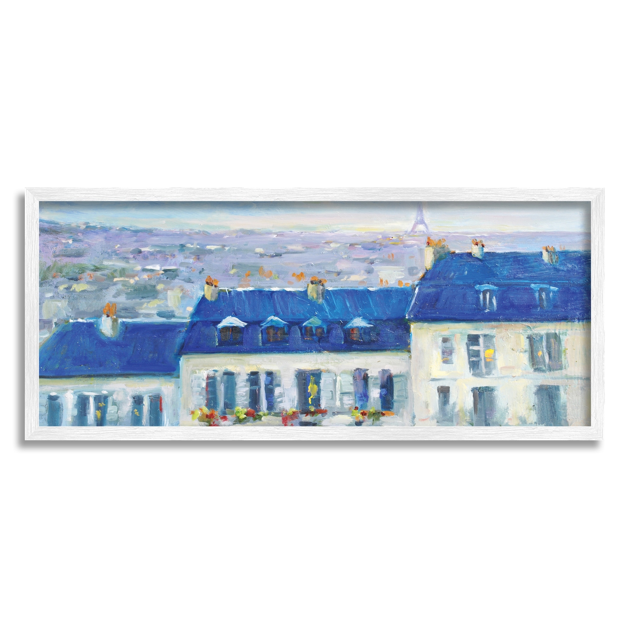 Stupell Industries Vivid Blue Cityscape Buildings Flower Lined Houses Painting White Framed Art Print Wall Art, Design by JG Studios