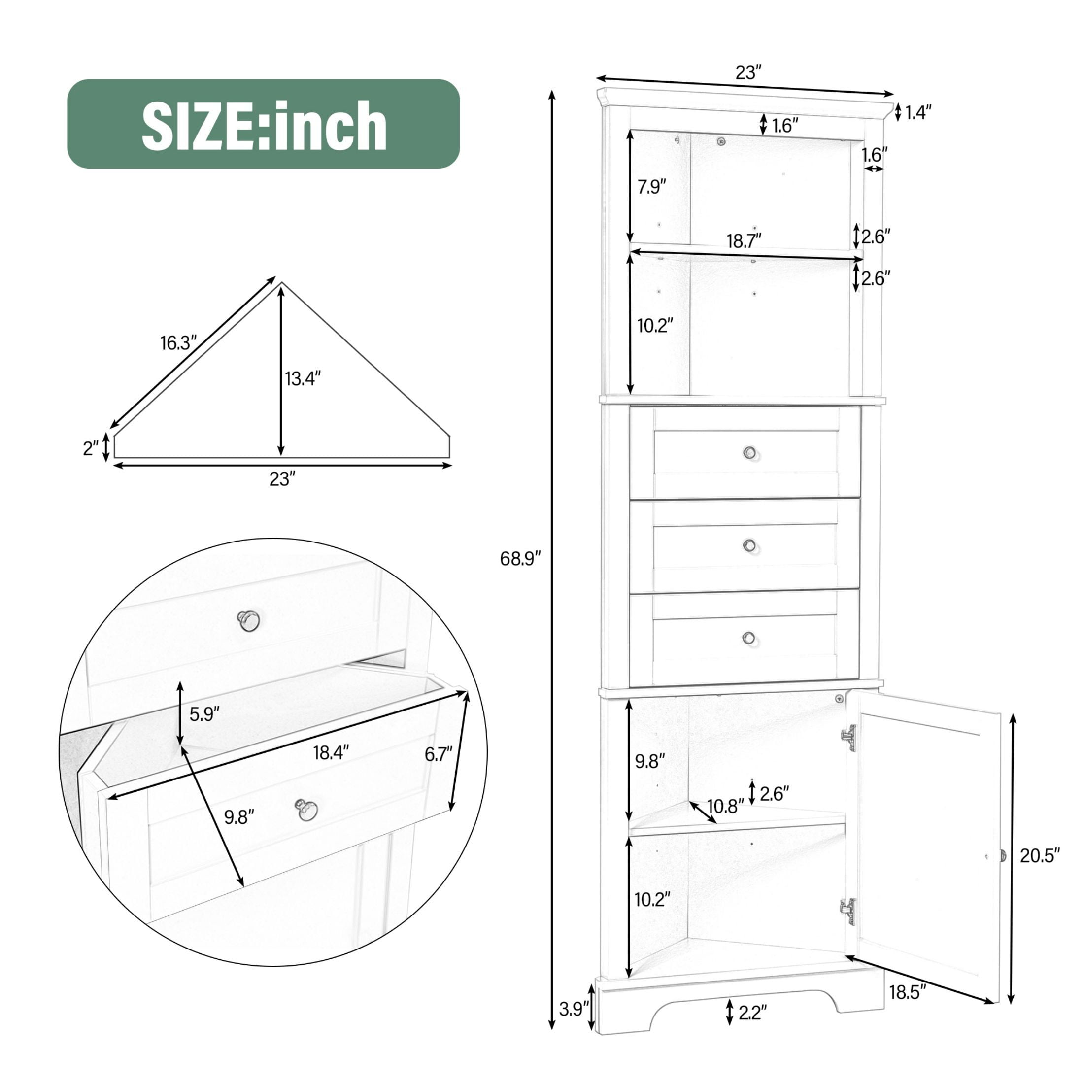AENKYO Corner Bathroom Cabinet with Adjustable Shelves, Corner Cabinet with Open Spaces and Drawers, White