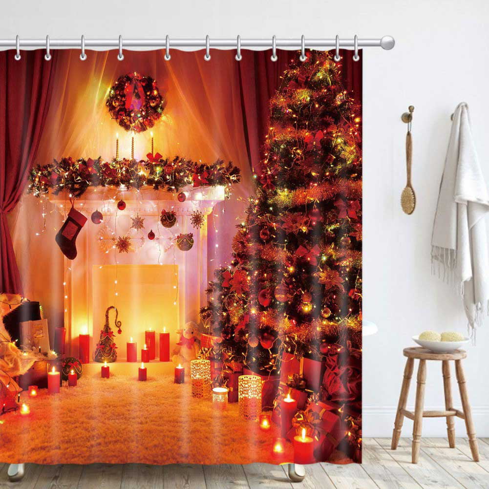 Rustic Fireplace Christmas Tree Socks Fabric Shower Curtain Set Bathroom Decor