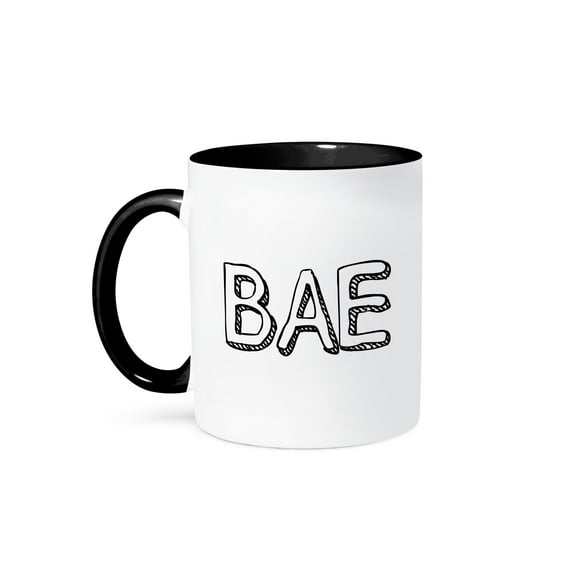 3dRose, Bae block letters on white background, 11oz Two-Tone Black Mug