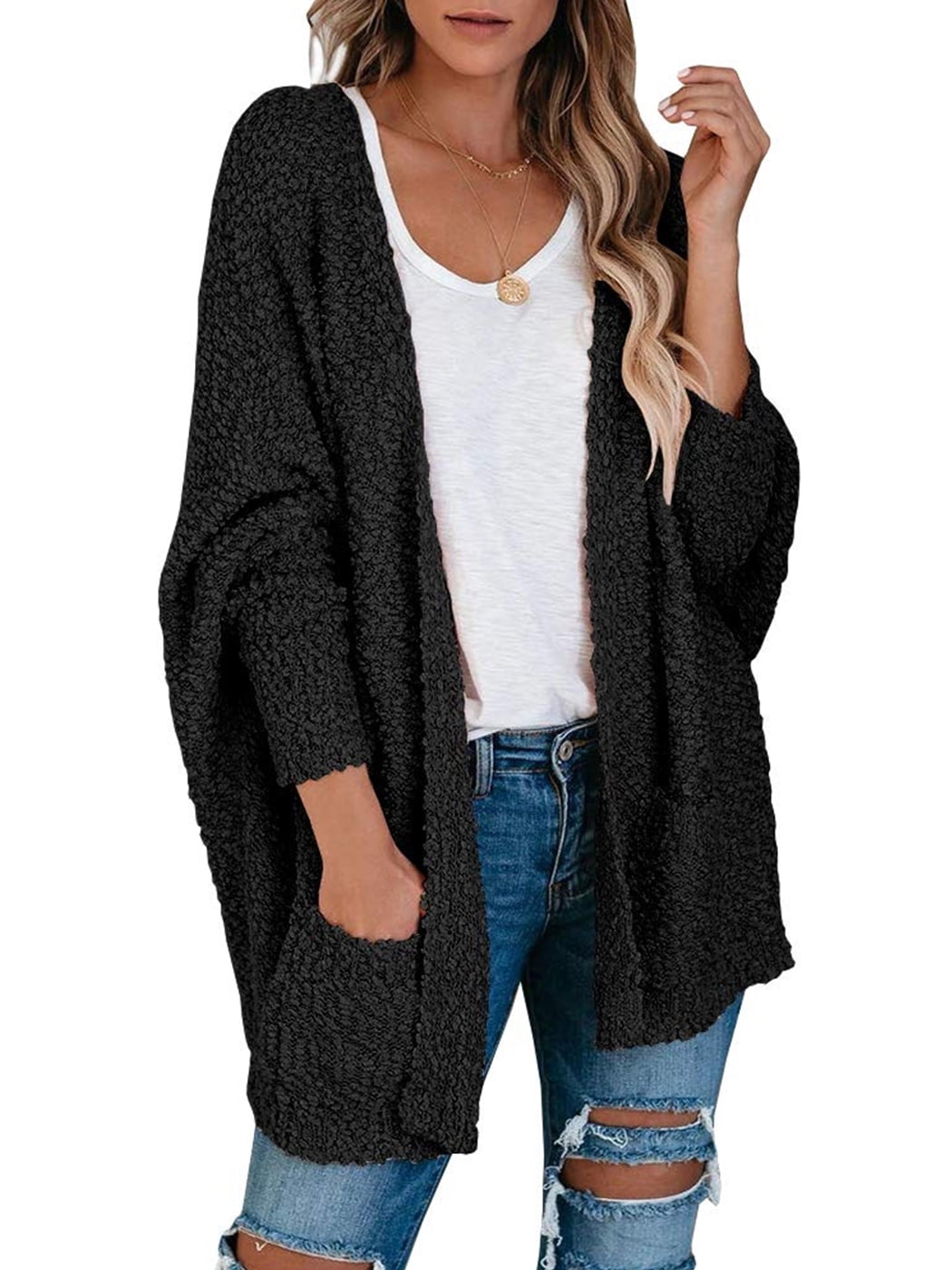 OUGES Women's Long Batwing Sleeve Open Front Chunky Knitted Cardigan Sweater Coat with Pockets 