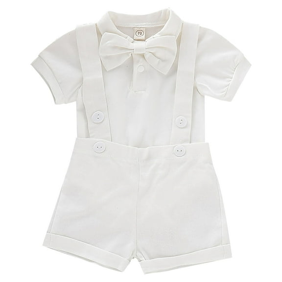 Boys Summer White Neck Short Sleeve Romper Solid Necktie Strap Shorts Set Party Birthday School Boys 2 Piece Set