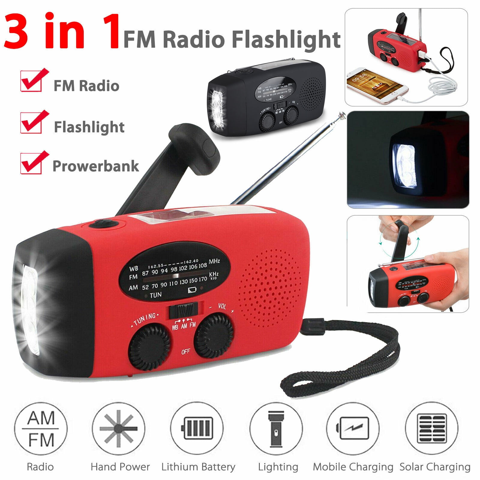 Upgraded Version Red Dynamo LED Flashlight Power Bank for iPhone/Android Smart Phone 1000mAh Solar Hand Crank Radio AM/FM/NOAA/WB Weather Emergency Radio iRonsnow IS-088+ 