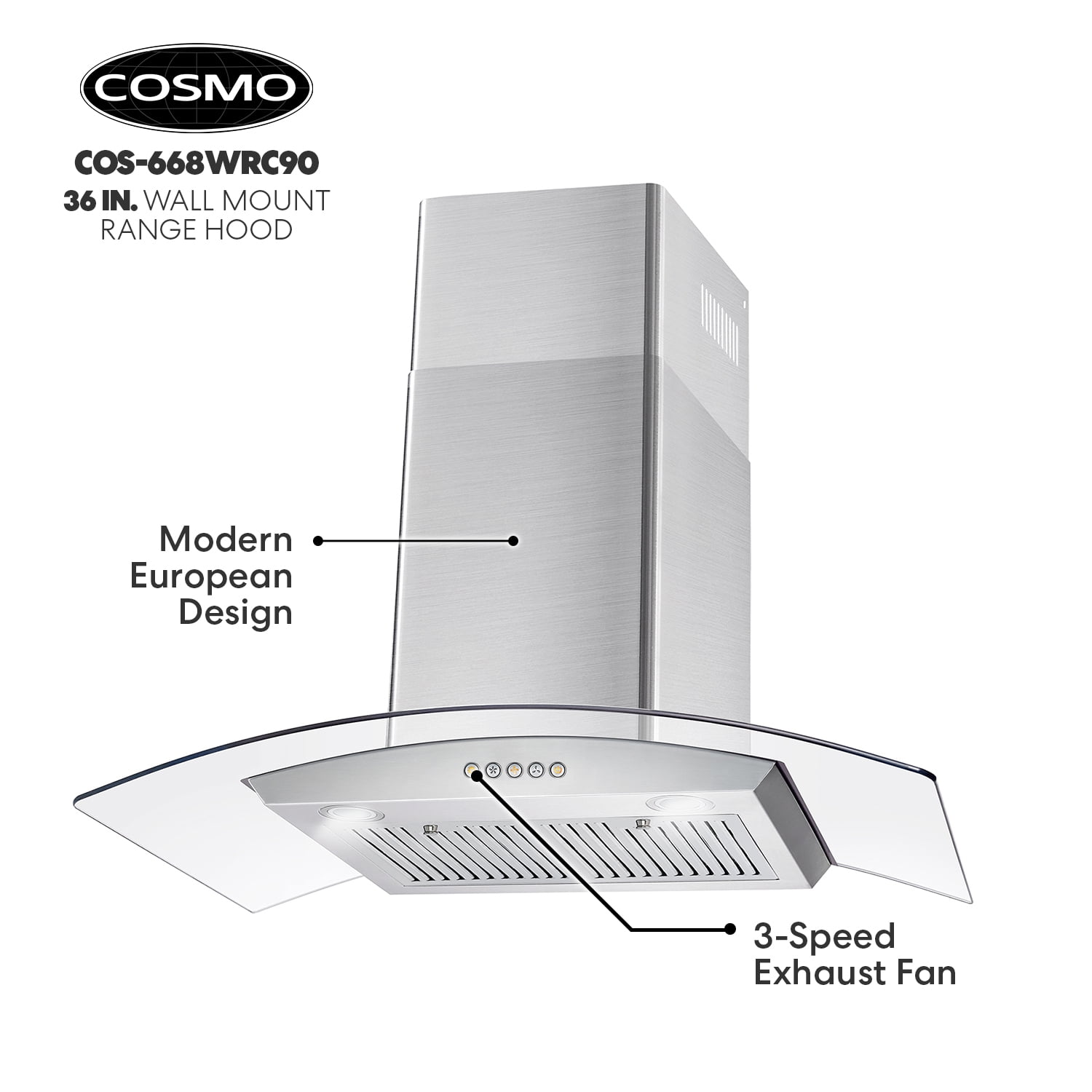 36 in. Vista Collection Ductless Wall Mount Range Hood, Button Controls, LED Lights, Stainless Steel