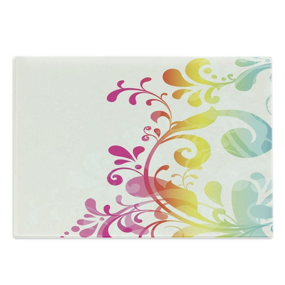 Vintage Rainbow Cutting Board, Ornamental Flowers and Foliage Pattern Romantic Victorian Swirl Arrangement, Decorative Tempered Glass Cutting and Serving Board, Large Size, Multicolor, by Ambesonne