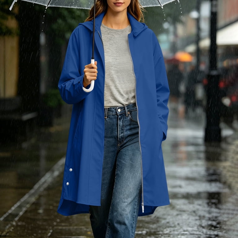 Hxshgdsn Womens Long Length Hooded Rain Jacket with Side Snap