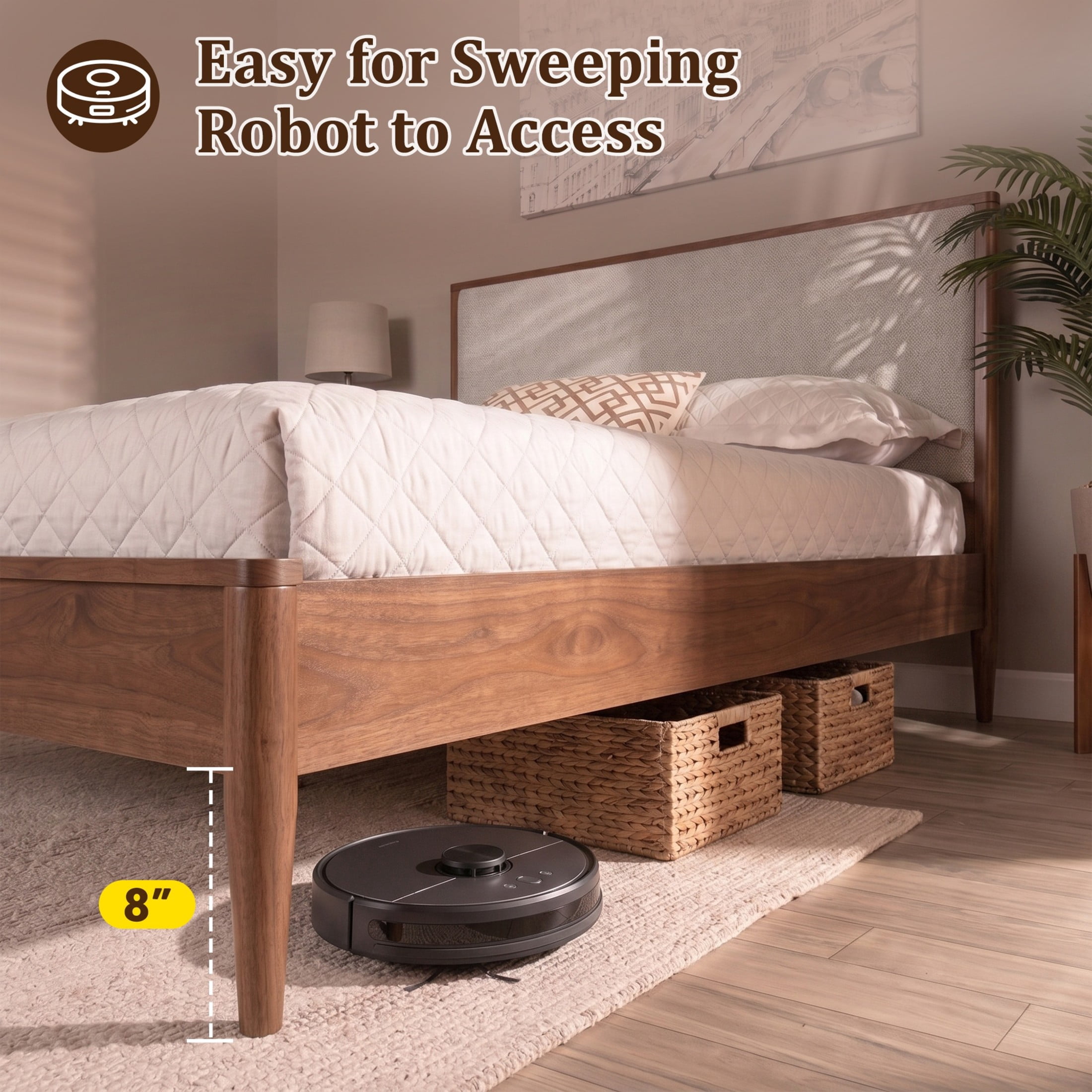 Christopher Knight Home Mid-Century King Platform Bed Frame with Boucle Upholstered Headboard, Walnut