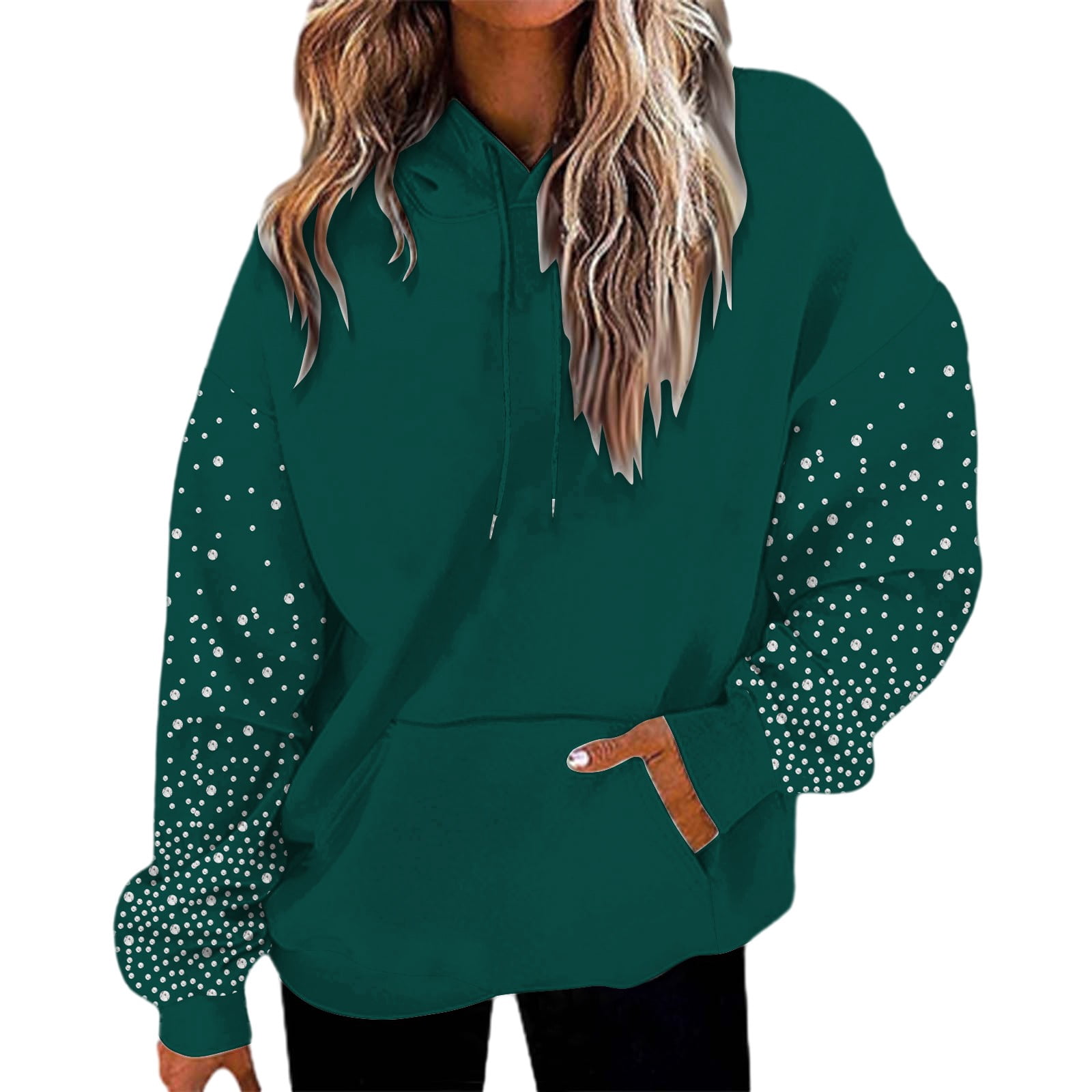 Women's Rhinestone Encrusted Hooded Sweatshirt, Comfortable Fleece Lined Pullover with Sparkle Design, Fashionable Casual Winter Wear for Autumn and Winter Seasons, Daily Use and Cold Weather