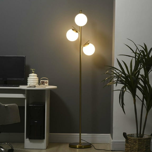 Resenkos Modern 3-Light Floor Lamp - Tree Standing Style with Globe Lampshades for Living Room, 10.75"x10.75"x66.5", Gold