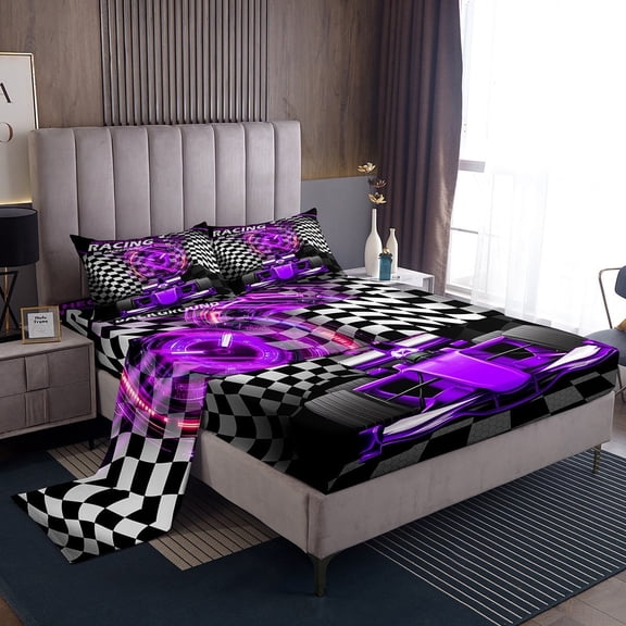 Erosebridal Racing Car Sheet Set Twin,Geometric Plaid Bedding Sets Twin Size,Black Purple Twin Sheet Sets,Super Cozy Sport Bedroom Decorative,3pcs