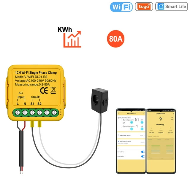 WiFi Smart Home Energy Monitor 2.4GHZ Smart Energy Meter Single Phase Consumption Monitor 80A Solar Current Transformer Clamp Power Consumption Monitor Electricity Statistics 100-240V AC 50