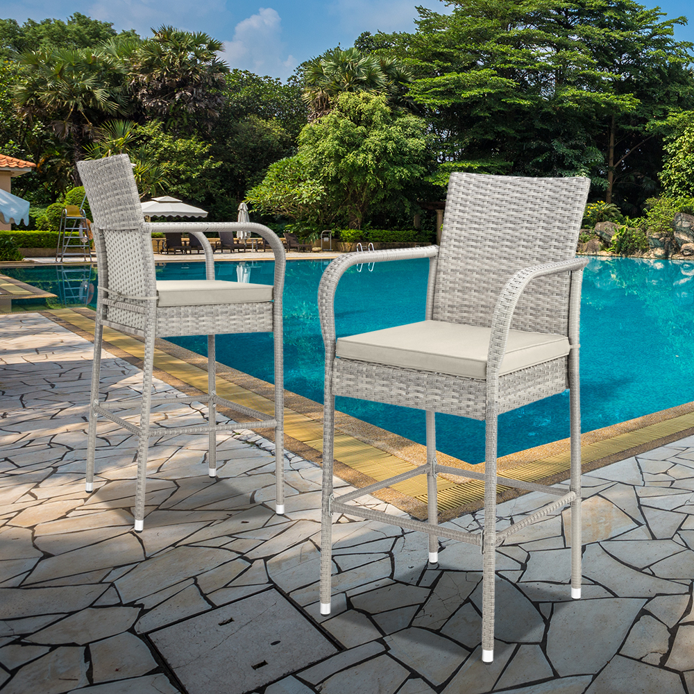 2PCS Patio Bistro High Bar Chairs, Wicker Rattan Patio High Bar Chair with Weather Resistant