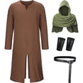thumbnail image 4 of UTSJKR Men’s Medieval Cosplay Full Set, Hooded Long Cloak Matched with Scarf, Wrist Guards and Waist Belt for Halloween, Larp and Renaissance Fair Dress‑Up Green M, 4 of 5