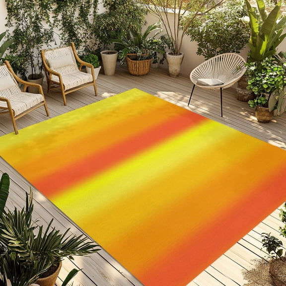 Yellow Orange Red Ombre Outdoor Rug, Minimalist Abstract Stripes Texture Non-Slip Area Rugs Carpet Breathable Large Floor Mat for Outdoors Patio Porch Deck Beach 6’ x 9’