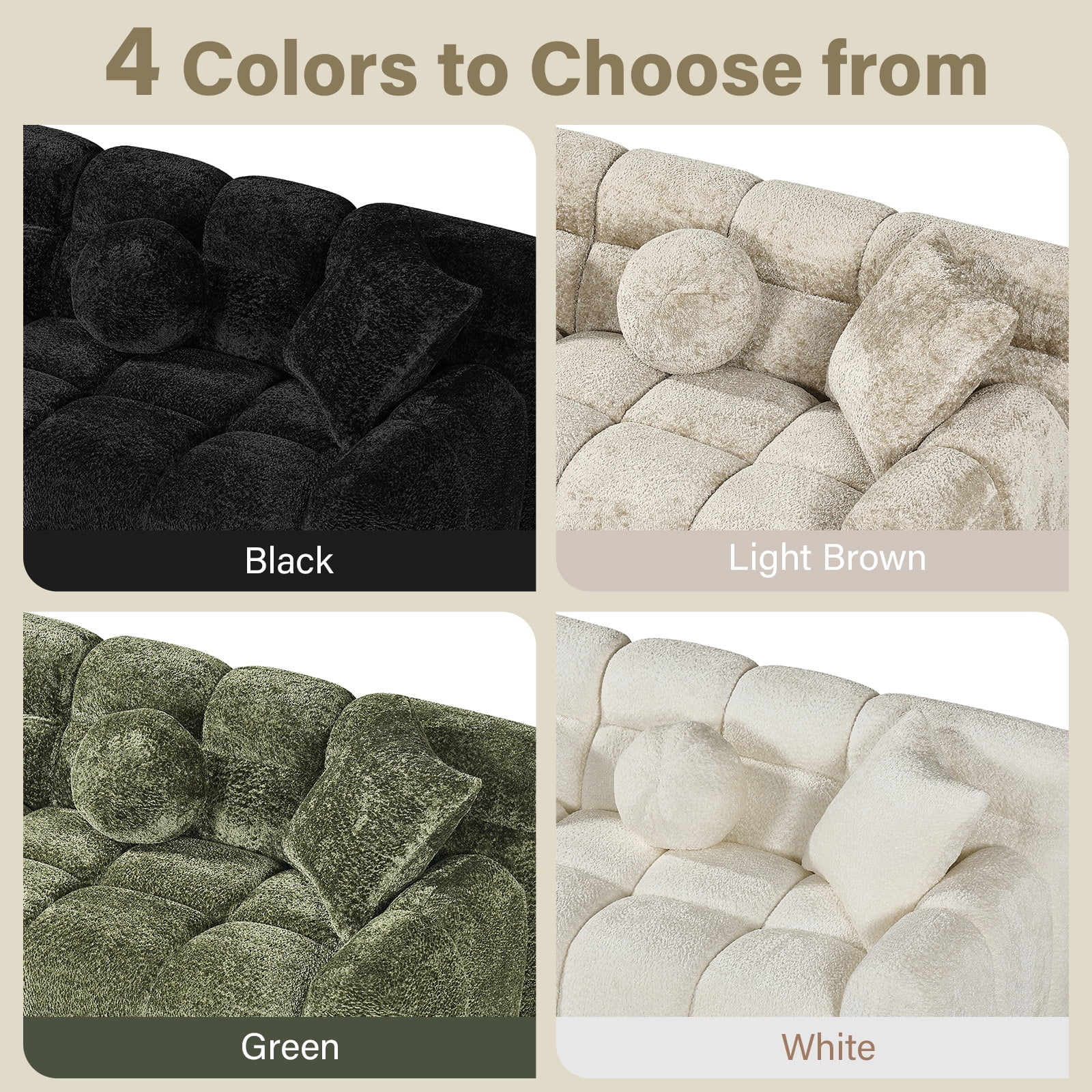 Wiilayok 87.3" Modern Tufted Upholstered Fluffy Chenille 3 Seater Sofa with 4 Pillows，Comfy Sherpa Deep Seat Cloud Couch, Small Love Seat for Living Room Apartment, Light Brown