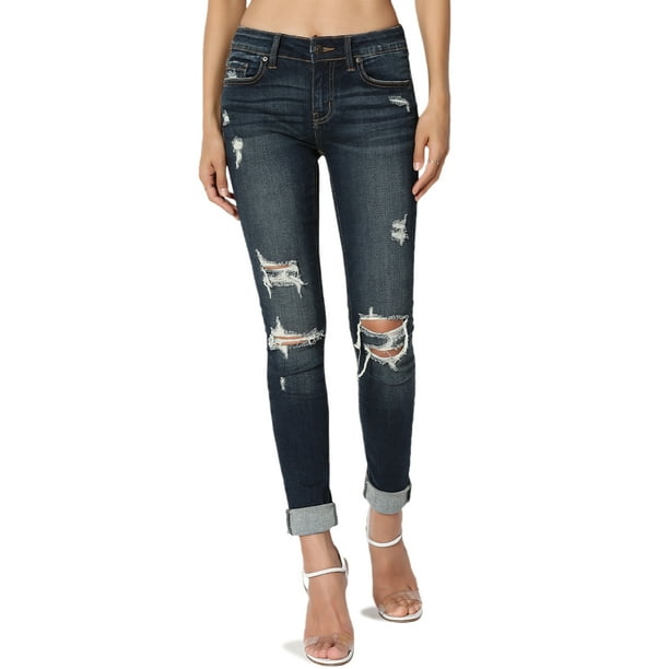 TheMogan Women's Distressed Ripped Mid Rise Stretch Perfect Skinny Jeans - Walmart.com