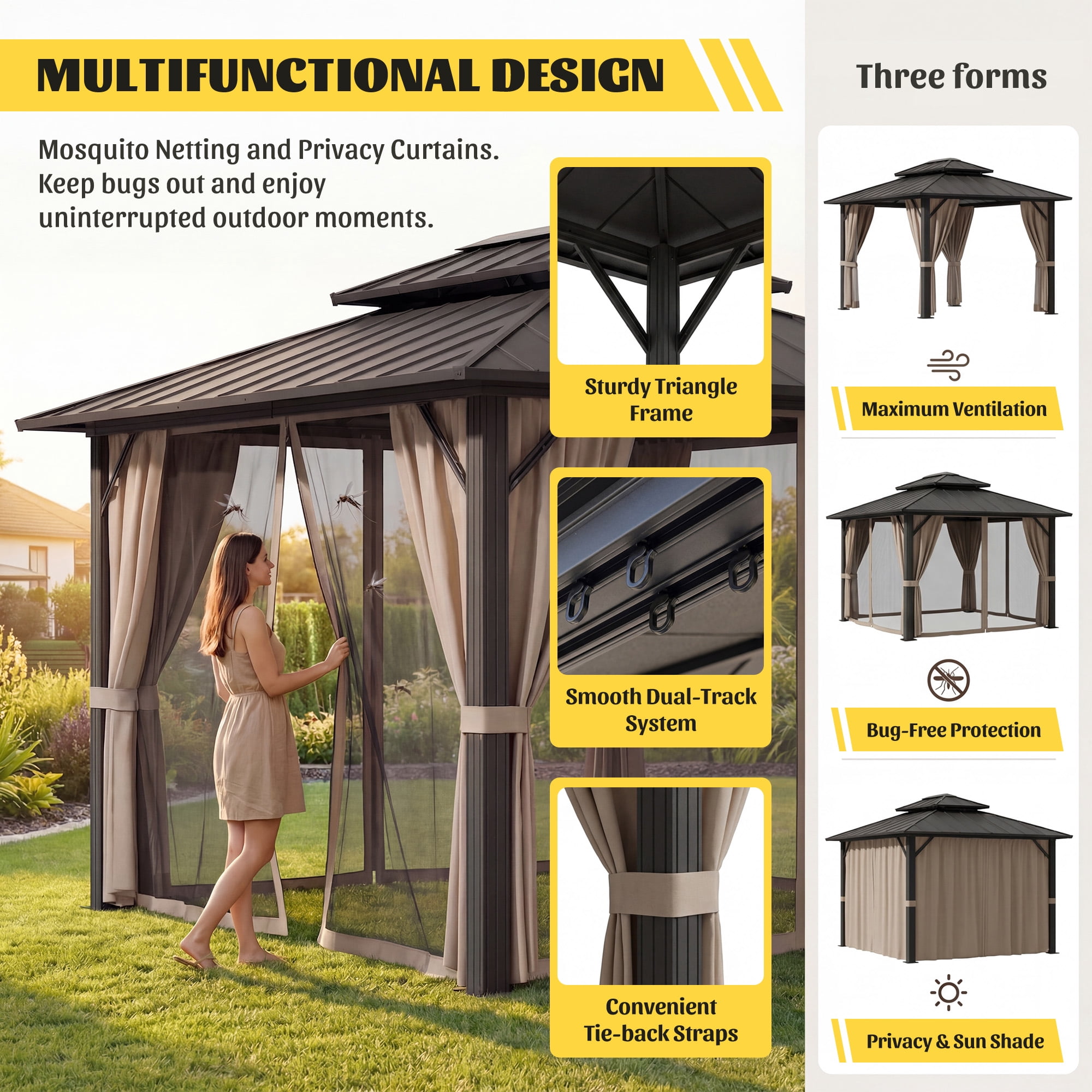 Homall 10x12 FT Hardtop Gazebo with Aluminum Frame Galvanized Steel Double Roof & Mosquito Net and Curtains for Garden Patio Lawns