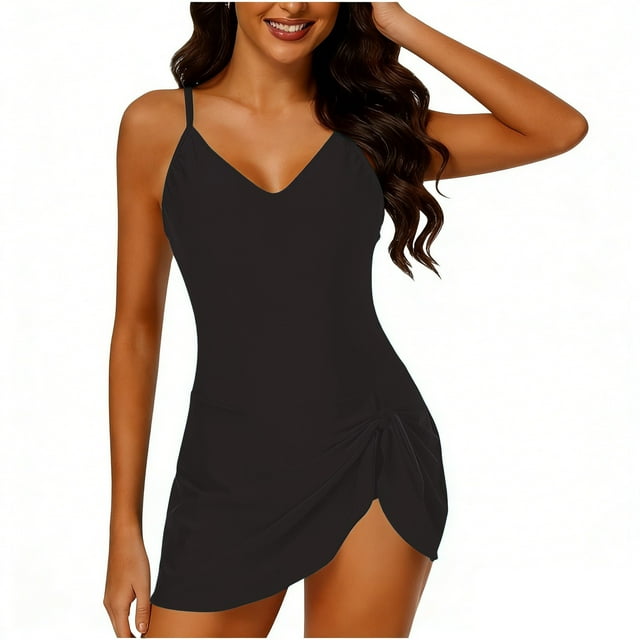 Ailaofu Women's Solid Fitted Sports Split Swimsuit - Removable Padded Modest Tummy Control Bathing Suit for Beach Pool Party