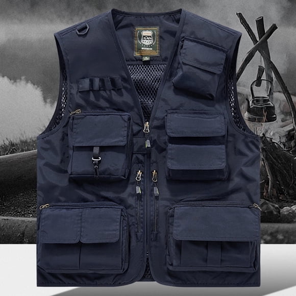 Camiseta sin mangas con cuello en V para hombre, informal, holgada, a la moda, para voluntariado, para exteriores, emergencias, multibolsillos, multifuncional, con cremallera, de nailon.
