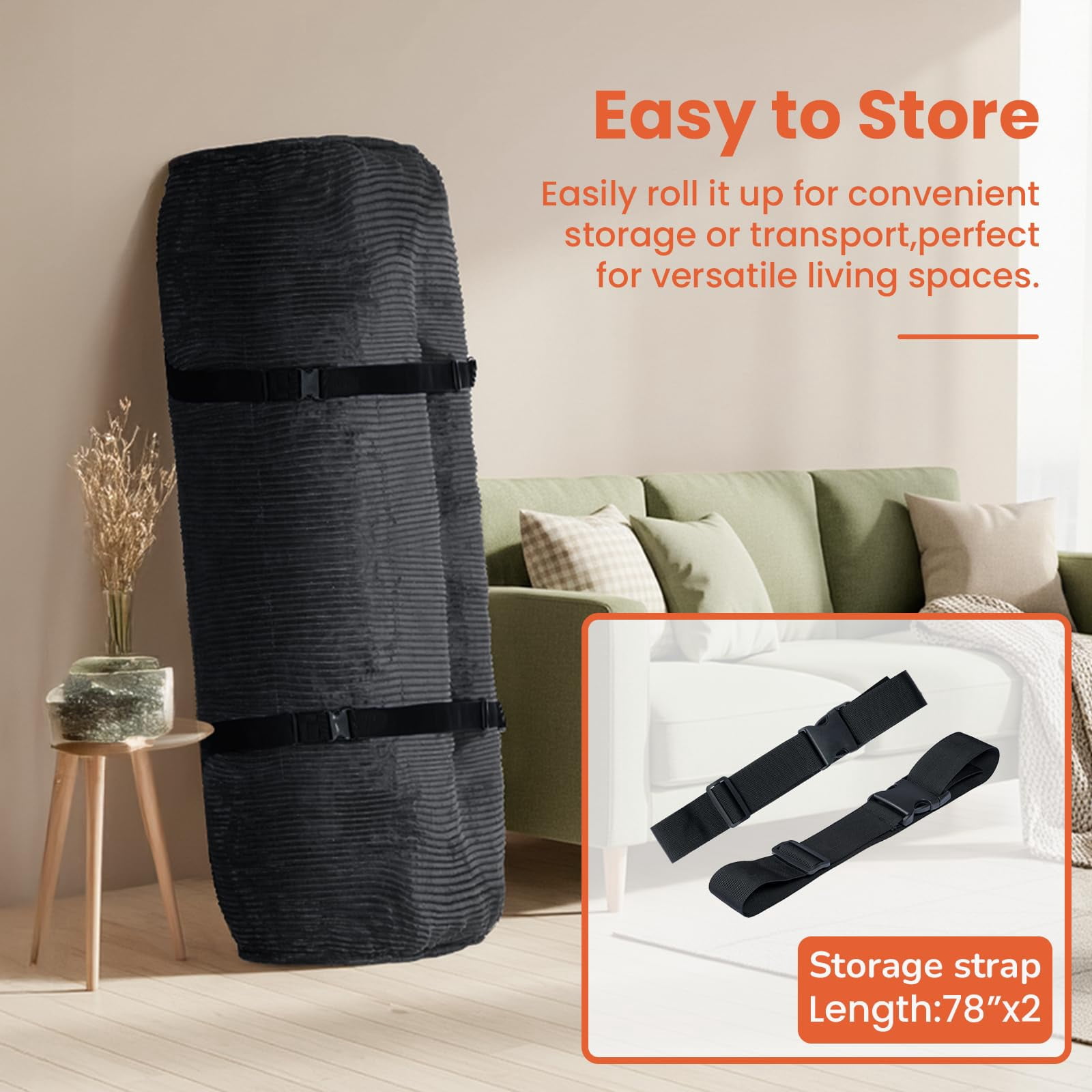 8 Inch Futon Mattress Full Size, Futon Floor Sofa Bed Foldable with Soft Corduroy Fabric  - 2 Storage Straps for Home, Guest Room, Dorm(Frame Not Included)