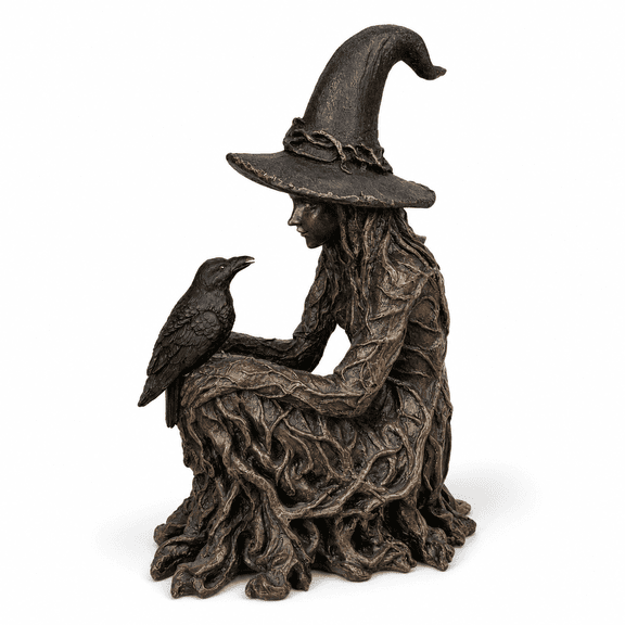Halloween Witch and Raven Statue, Dark Forest Tree Root Figurine for Mantel, Bookshelf, Reading Nook, Entryway and Spooky Season Decor