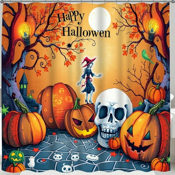 Whimsical Halloween Shower Curtain Pumpkins & Witch Design