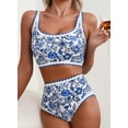 thumbnail image 3 of Conjunto de bikini Herseas con estampado floral y cintura alta acolchado azul para mujer, 3 of 6