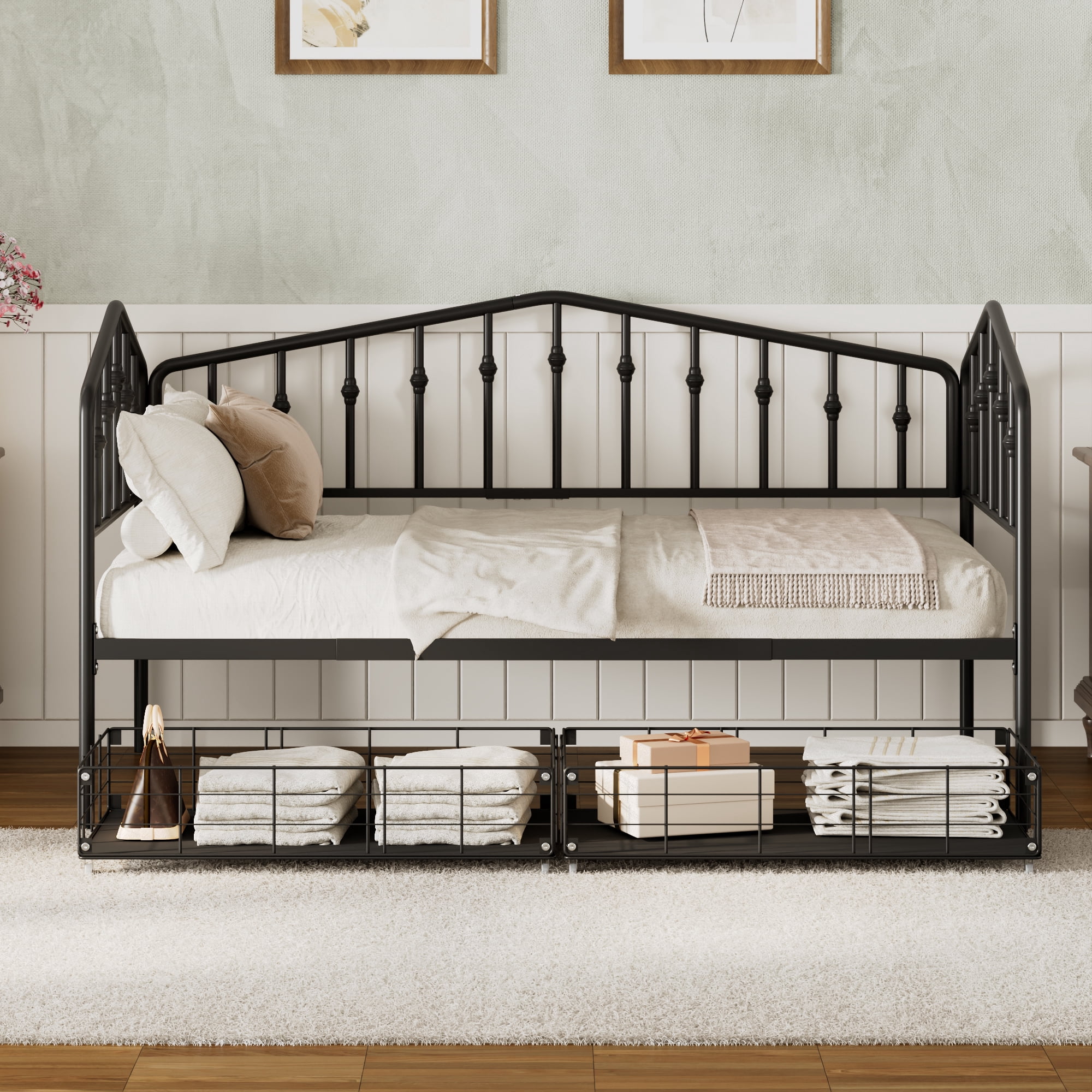 GARITIN Twin Size Metal Daybed with 2 Drawers, Storage Daybed Frame with Drawers for Bedroom Guest Room, Black