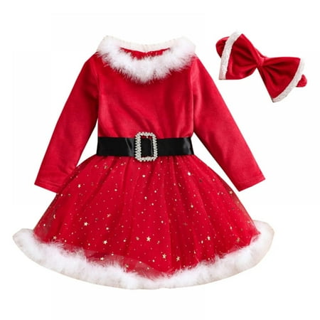 

Kids Toddler Girl Christmas Dress Set Long Sleeve Soft Flannel Xmas Party Princess Dress with Headband 1-5 Years