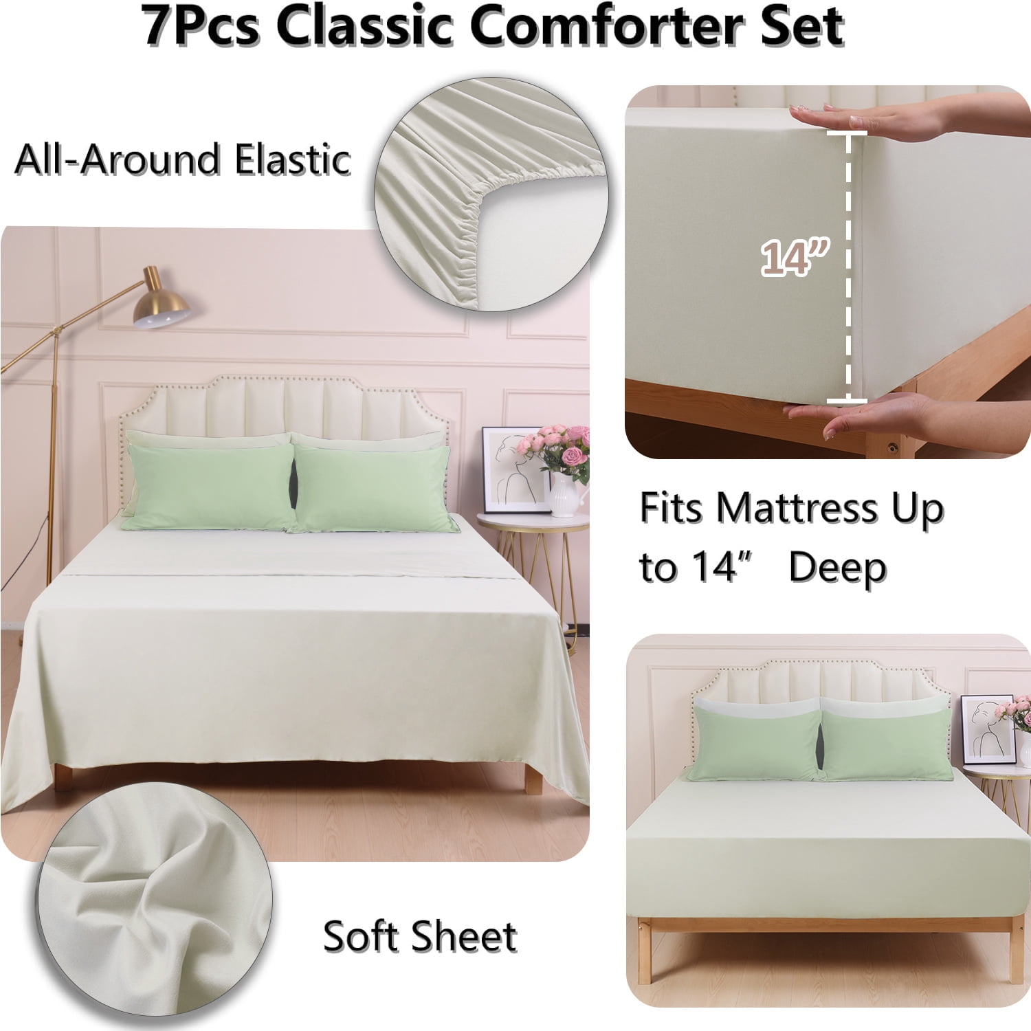 HIG 7 Piece Reversible Full Comforter Set - Sage Quilted Down Alternative Bedding All Season Super Soft Microfiber Bed in a Bag Includes Sheets Pillowcases Shams