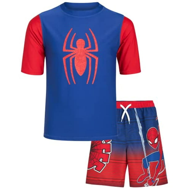 Marvel Boys' SpiderMan Rash Guard Set UPF 50+ 2 Piece Swim Shirt and