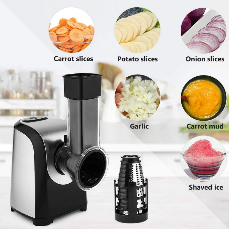 Qhomic Professional Cheese Grater 5 in 1 Vegetable Slicer/Salad Maker/Slicer /Shredder/Spiralizer， for Fruits, Vegetables, Cheese 250W 