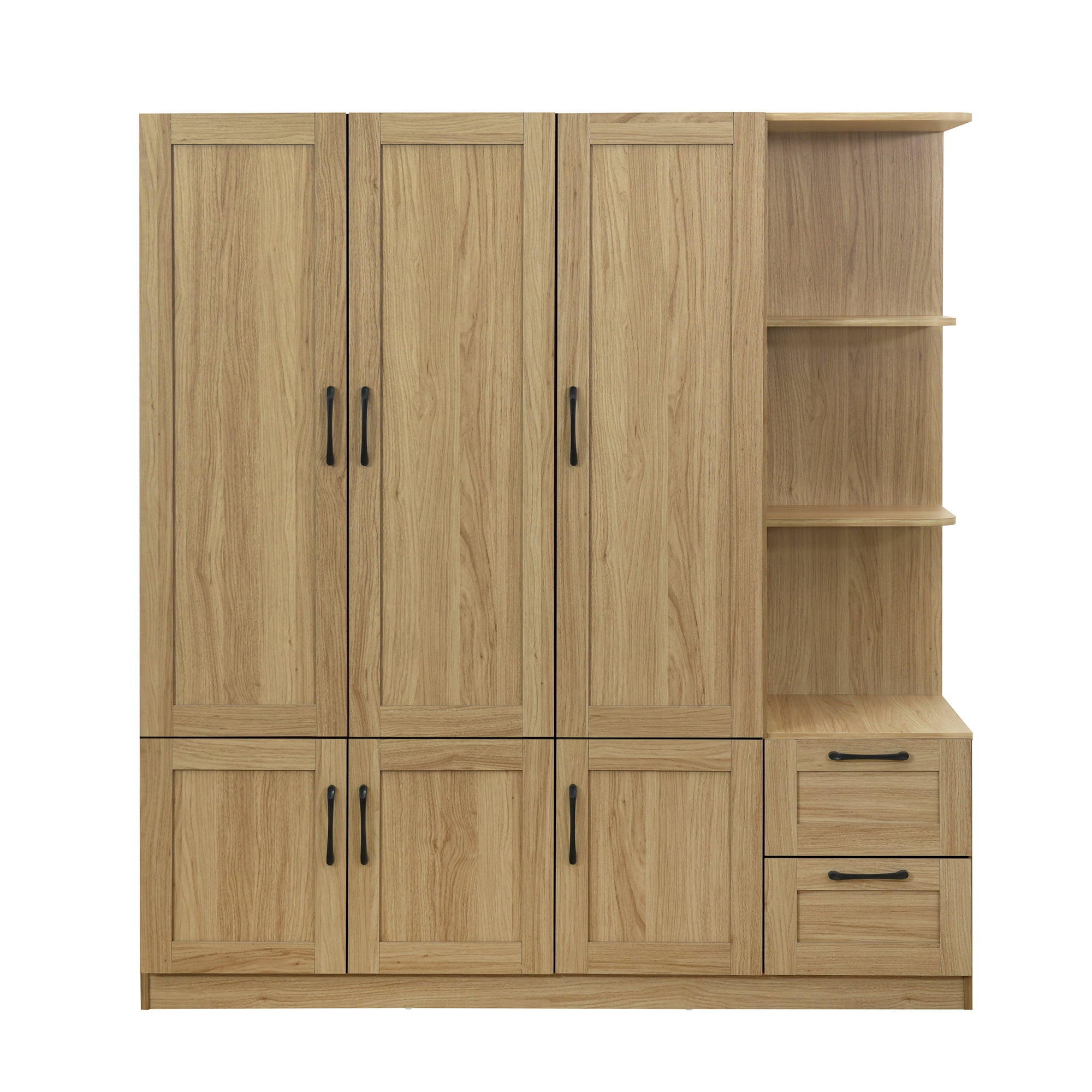 Euroco Modern Wood 3-Door Wardrobe with Drawers and Shelves for Kids Adults, Natural