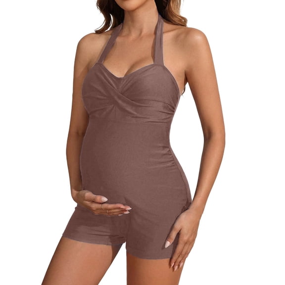 TGPMGRZ Maternity One-Piece Swimsuits with Shorts Boyleg Pregnancy Bathing Suits Boyshort Brown, Size L