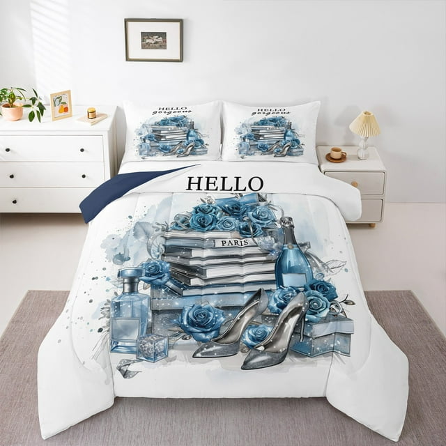 Erosebridal Ensembles de Literie Romantiques à Roses Bleues Simple avec Couette, Insert de Couette à Talons Hauts, Ensembles de Couette Réversibles Parfum Mode Taille Simple, Décoration de Chambre en Microfibre, 2 Pcs