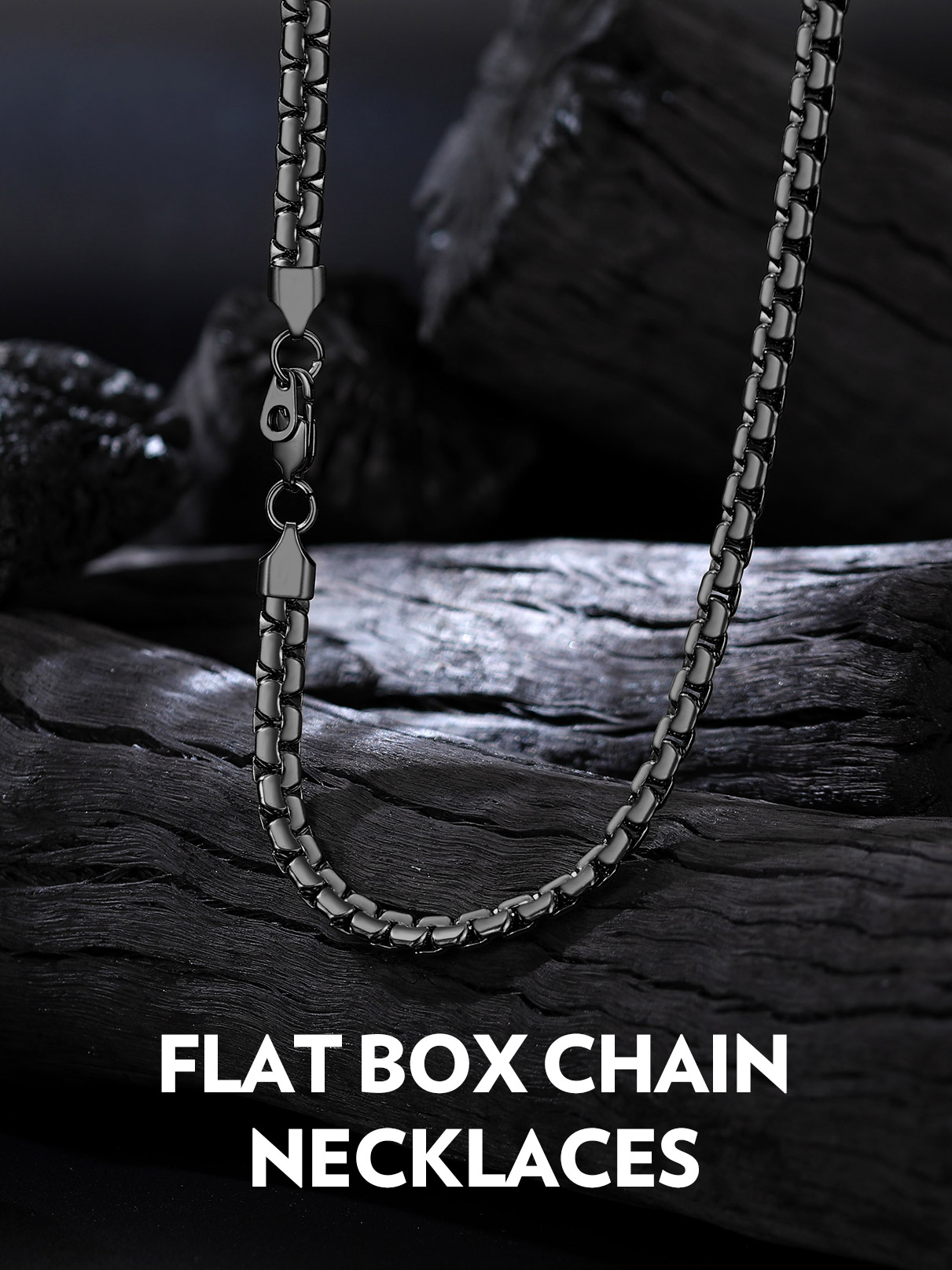 Bandmax 6MM Black Flat Box Link Chains Necklace for Men Women Solid Stainless Steel Cable Chain Jewelry Birthday Father Day Gift for Mens Son Husband Dad