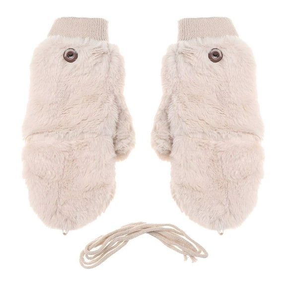 Dyfzdhu Women Winter Gloves Fuzzy Thicken Warm Fleece Lined Elastic Cuff Cute Mittens Beige