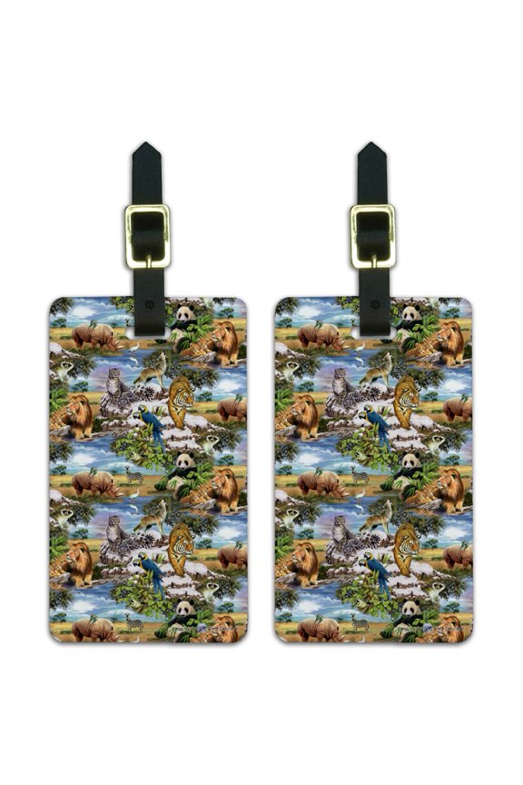 World Wildlife Snow Leopard Rhino Wolf Lion Pattern Luggage ID Tags Suitcase Carry-On Cards - Set of 2