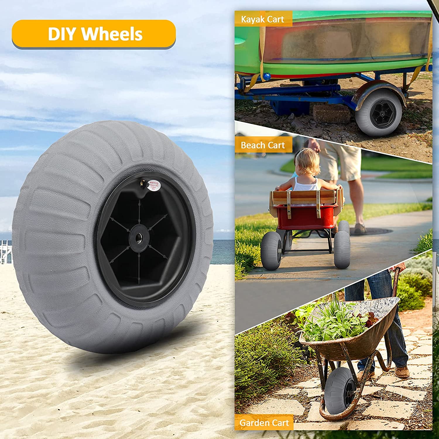 Bonnlo Balloon Wheels 16" Replacement Big Beach Sand Tires Axle 20mm, 25mm Diameter for Kayak Dolly Canoe Beach Fishing Buggy Cart DIY Beach Wheels with Bearing Free Air Hand Pump 2 Pack