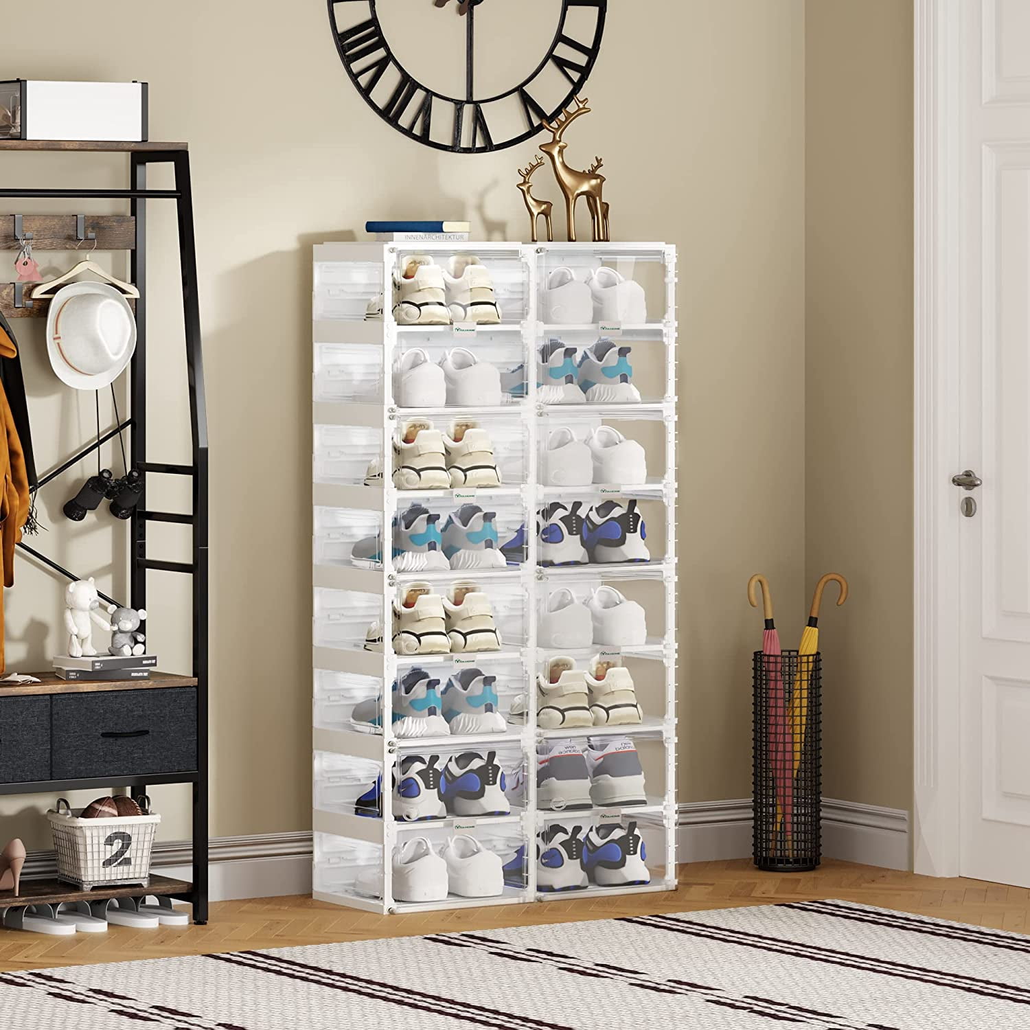 YITAHOME Shoe Storage Organizer, Installation-Free Shoe Box with Doors, 2-16 Grid Stackable Transparent Folding Shoe Cabinet for Hallway, Living Room, Closet (White)